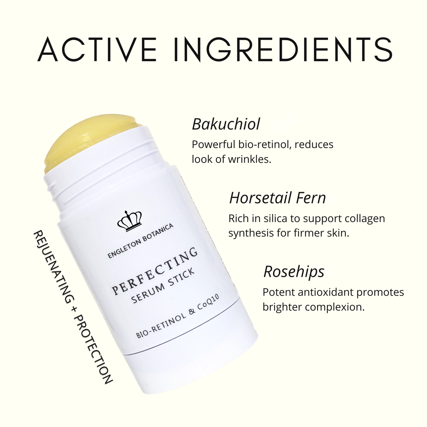 Perfecting Serum Stick with active ingredients listed on a white background