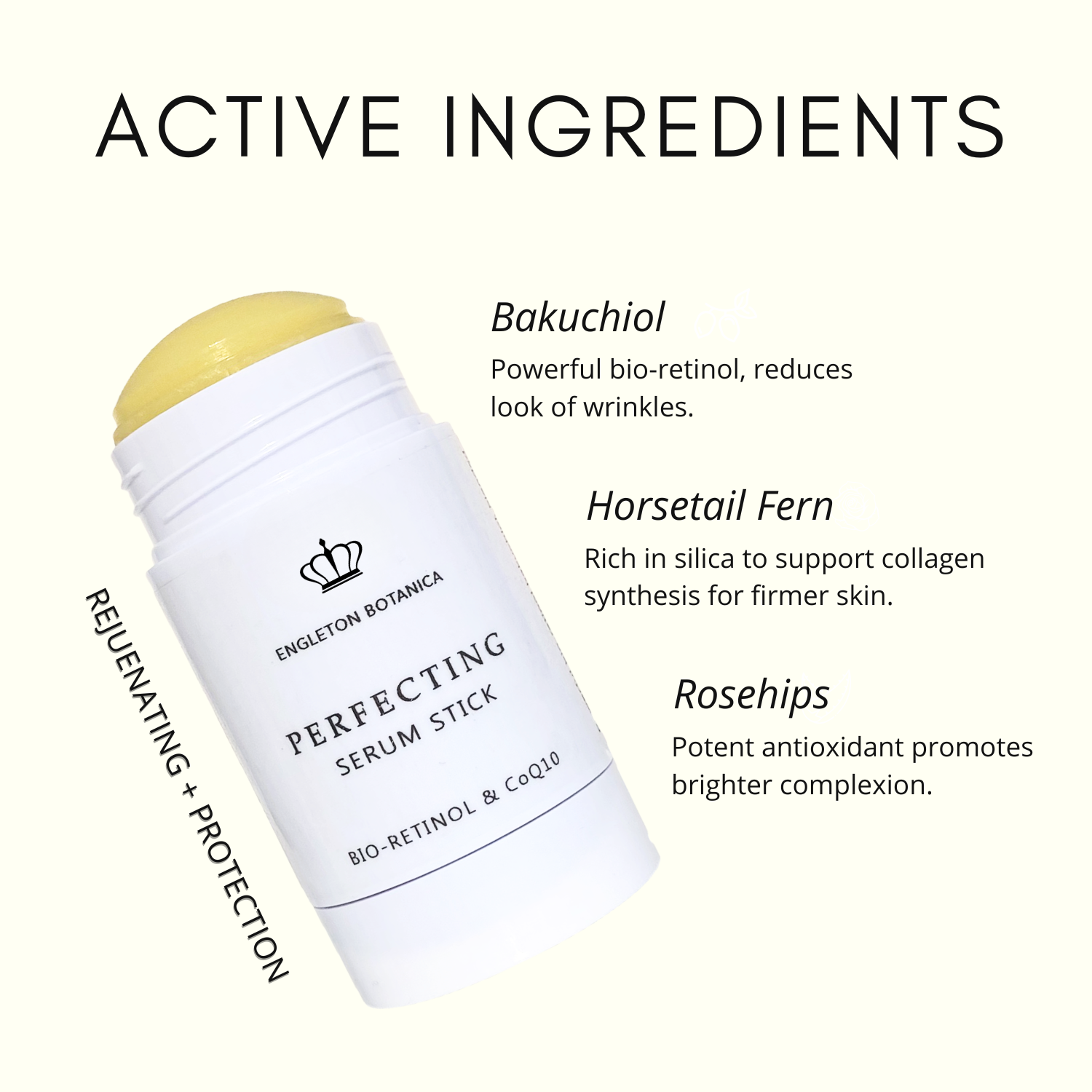 Perfecting Serum Stick with active ingredients listed on a white background