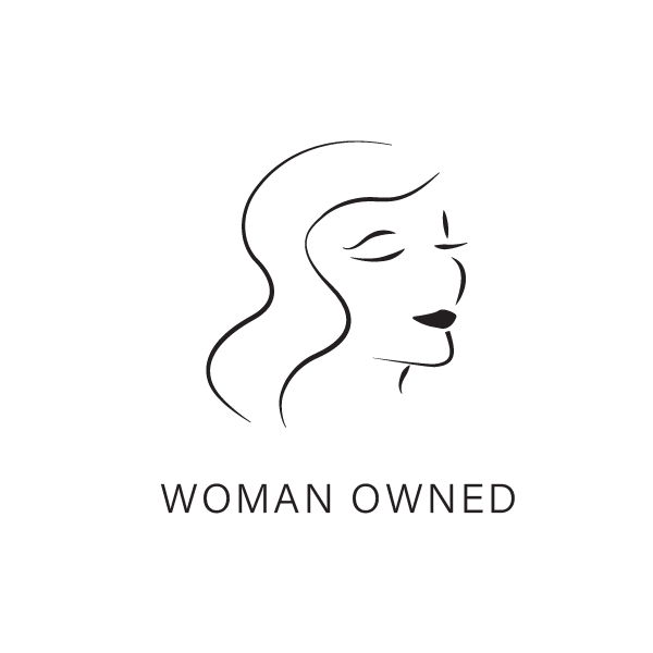Logo of a woman's face with 'WOMAN OWNED' text on a white background
