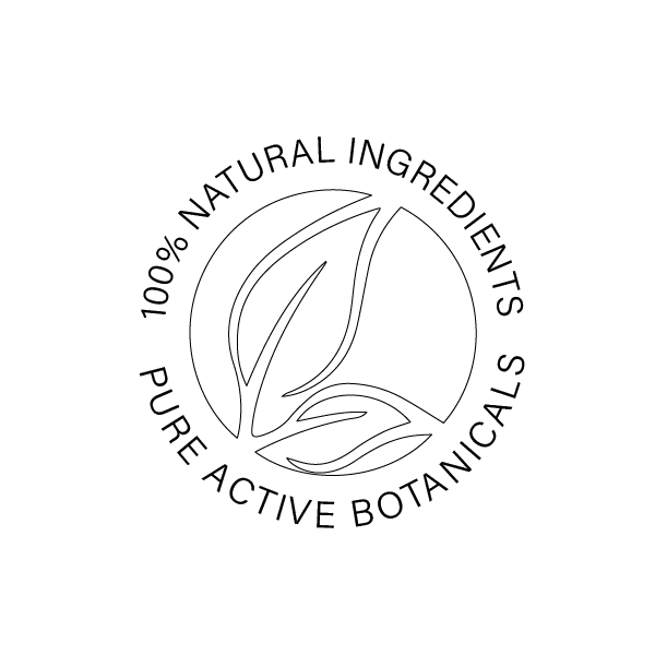 Logo with leaf design and text '100% Natural Ingredients, Pure Active Botanicals' on a white background