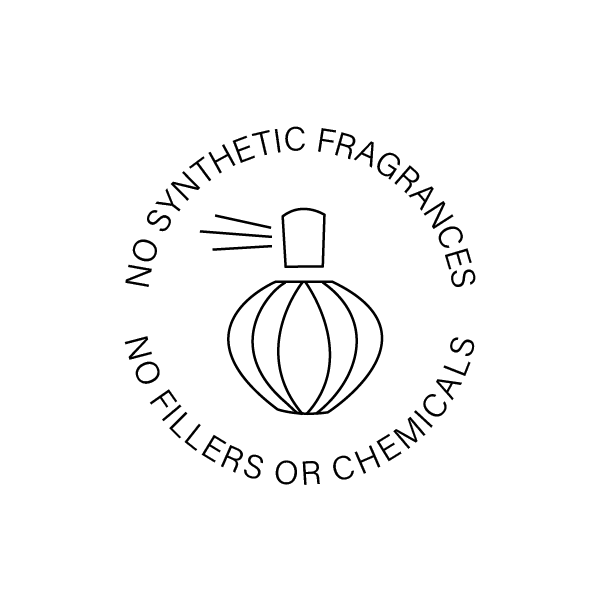 Logo of a perfume bottle with text 'No synthetic fragrances, no fillers or chemicals' on a white background.