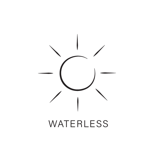 Black sun icon with 'WATERLESS' text on a white background