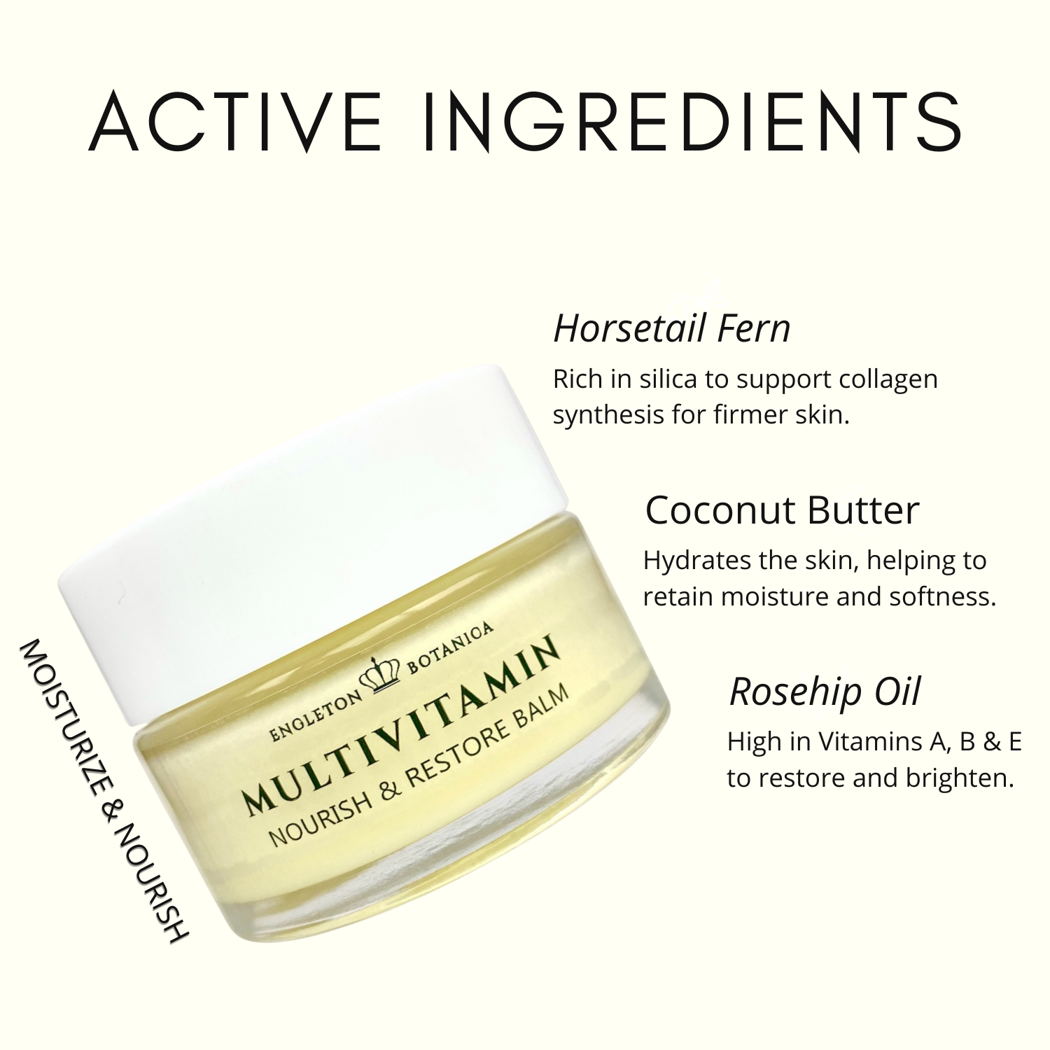 Multivitamin balm with active ingredients listed on a white background