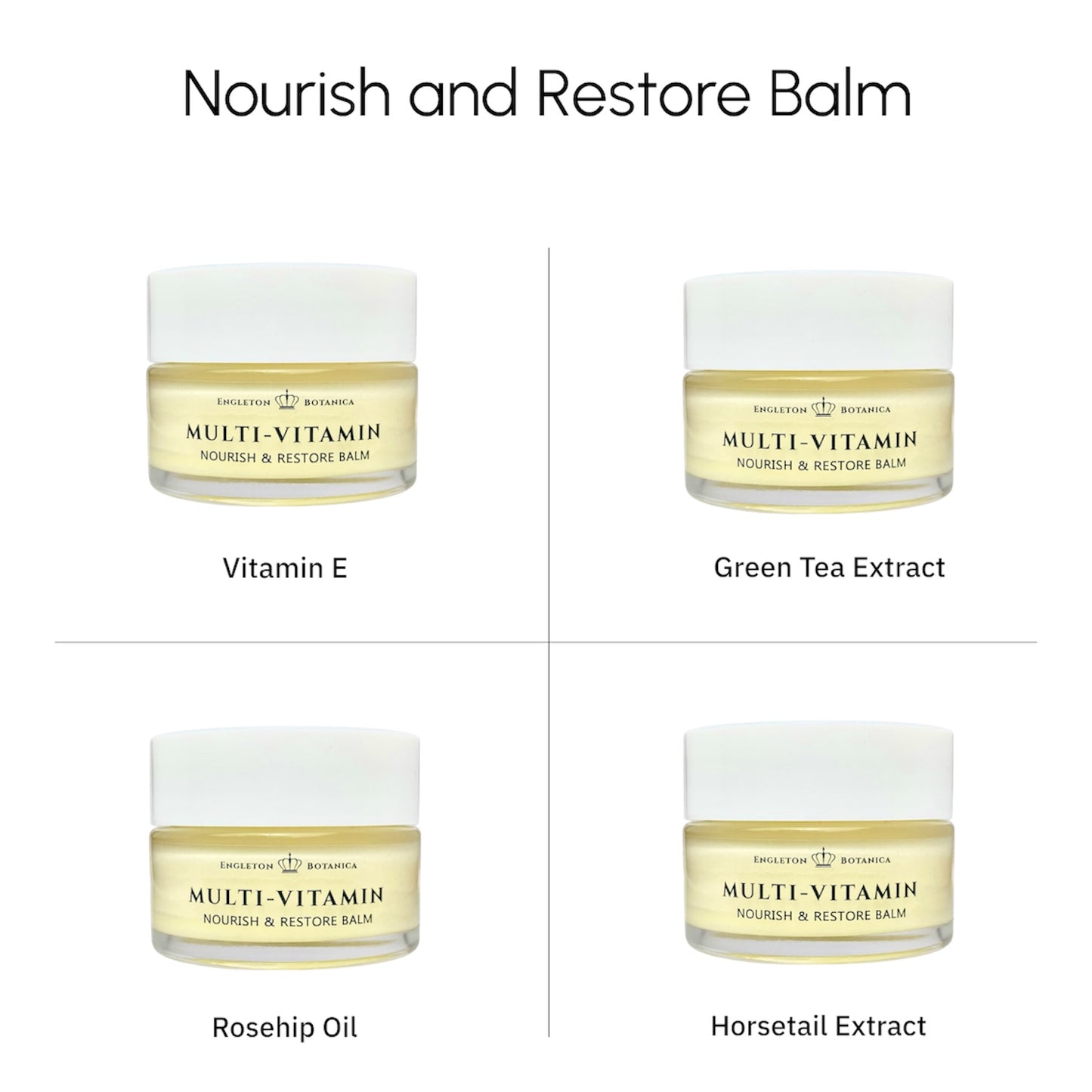 Four containers of Multi-Vitamin Nourish & Restore Balm with different extracts on a white background.