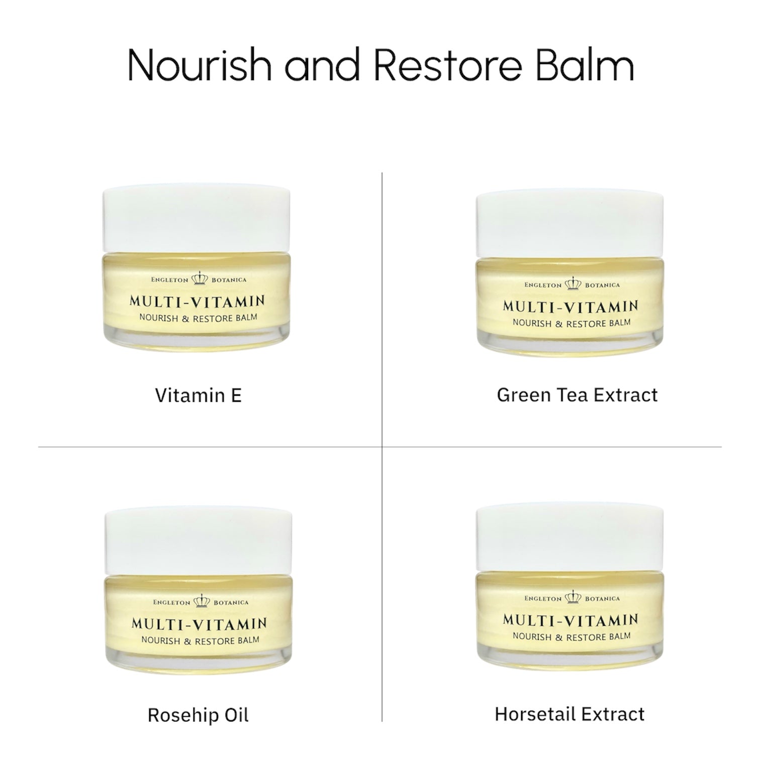 Four containers of Multi-Vitamin Nourish & Restore Balm with different extracts on a white background.