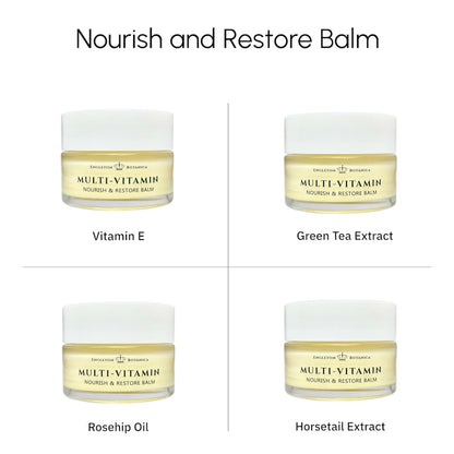 Four containers of Multi-Vitamin Nourish & Restore Balm with different extracts on a white background.