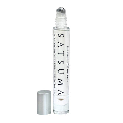 Essential oil roller bottle labeled 'Satsuma' on a white background