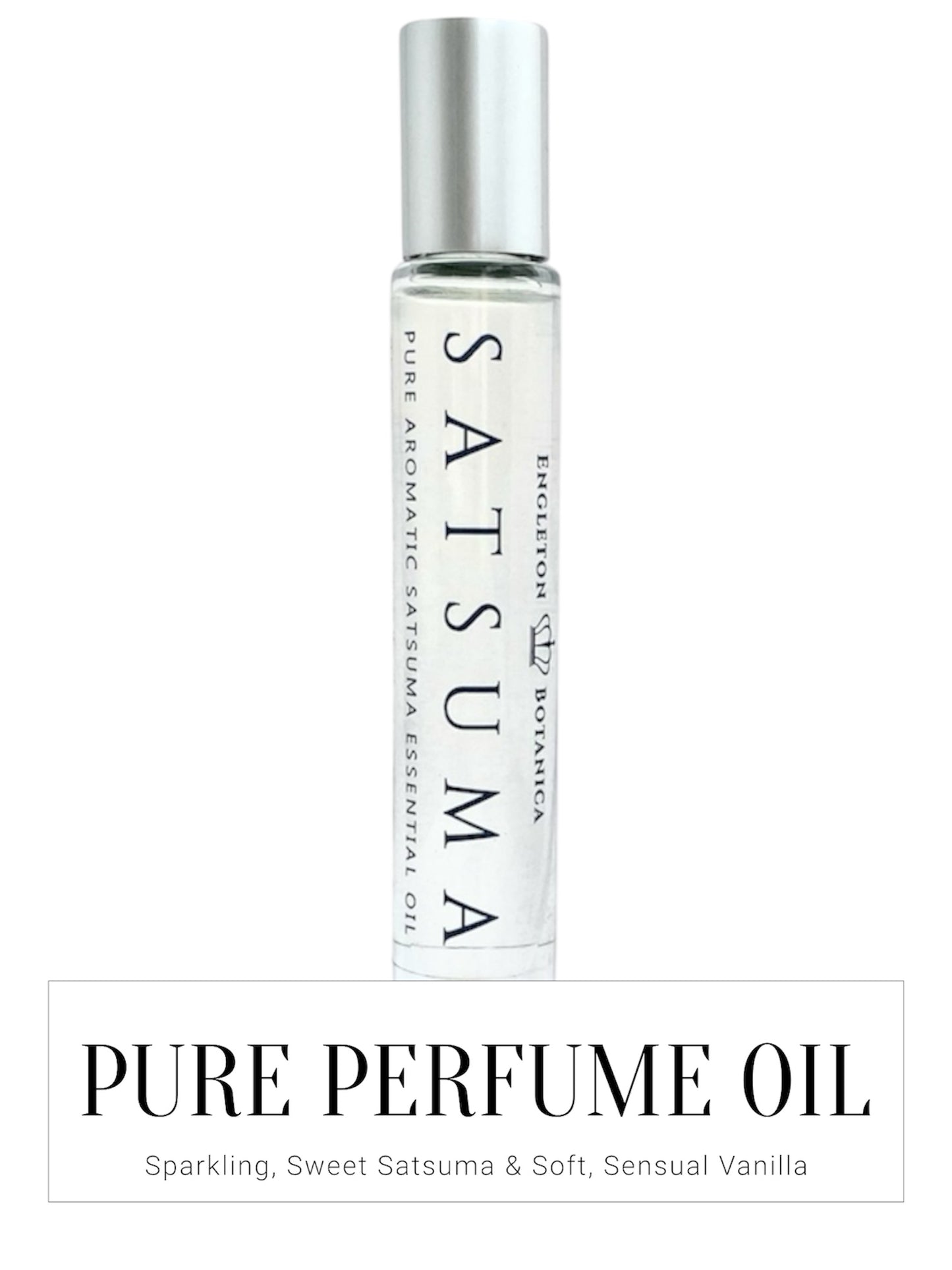 Bottle of Satsuma pure perfume oil with silver cap on a white background