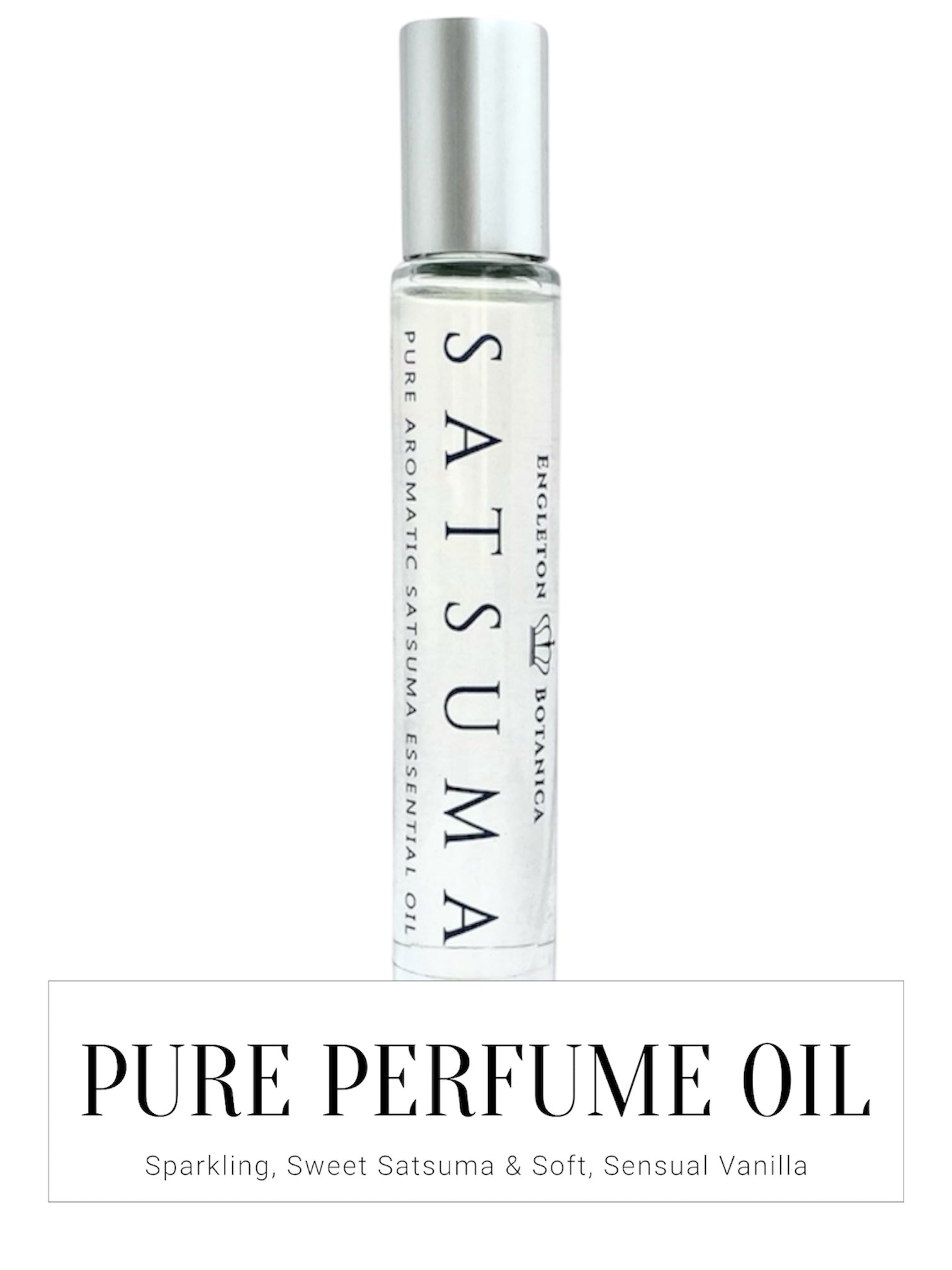 Bottle of Satsuma pure perfume oil with silver cap on a white background