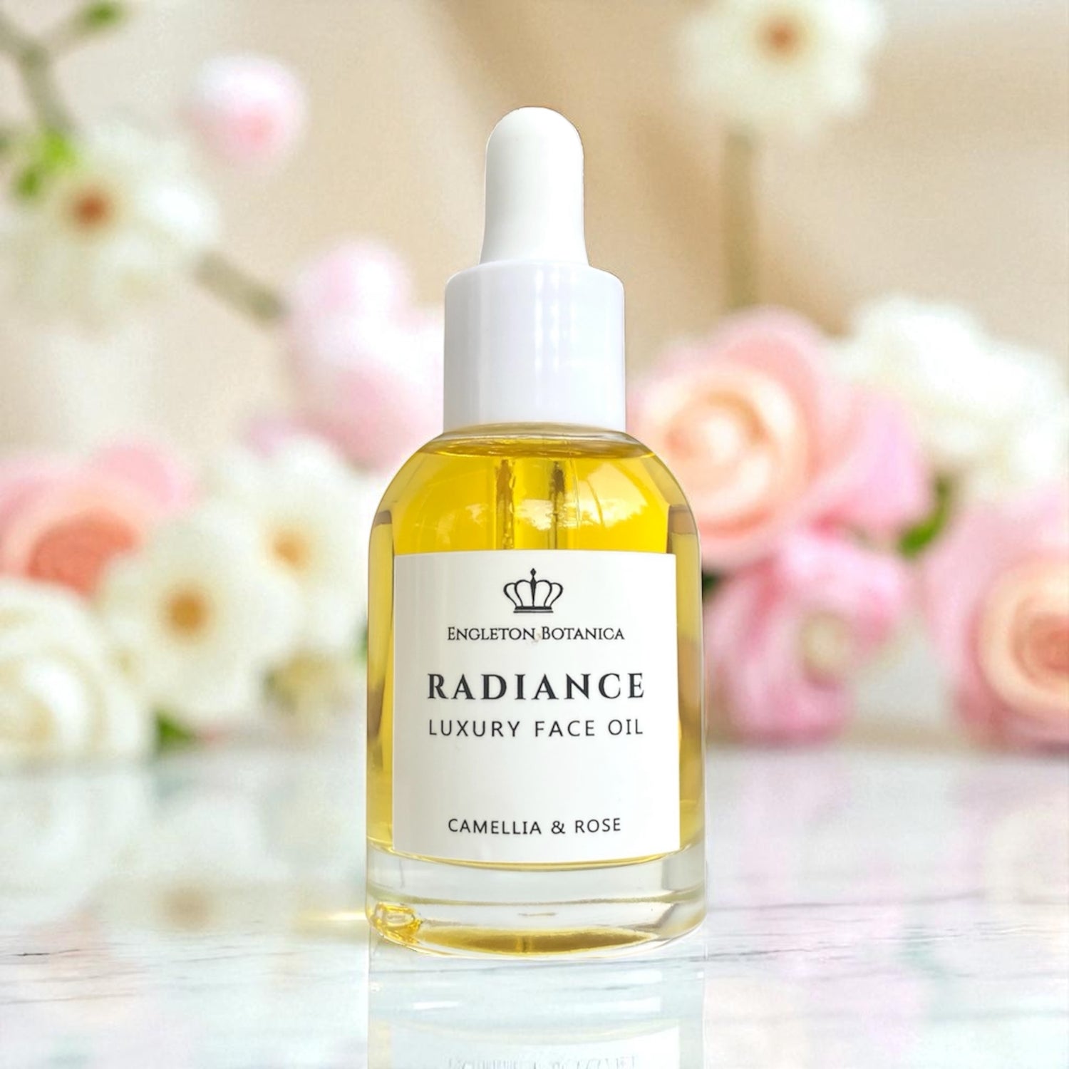 Radiance luxury face oil bottle with floral background