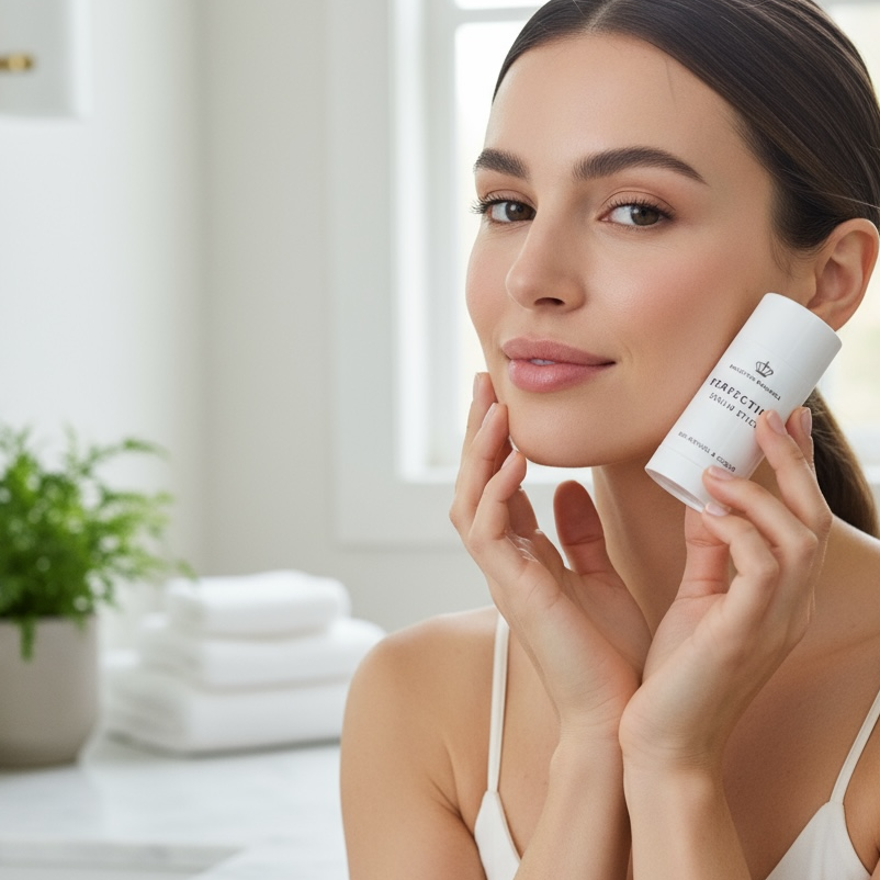 model holding antiaging Perfecting serum stich with bio-retinol and CoQ10