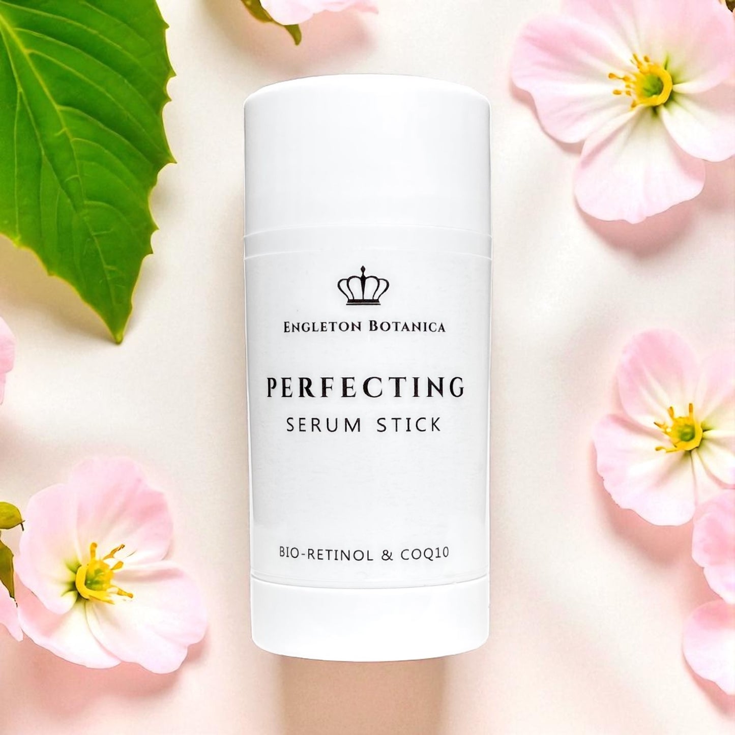 Engleton Botanica antiaging Perfecting Serum Stick with flowers and leaves on a light background