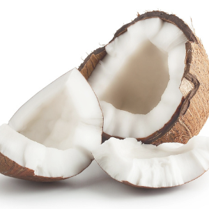 Two halves of a coconut on a white background
