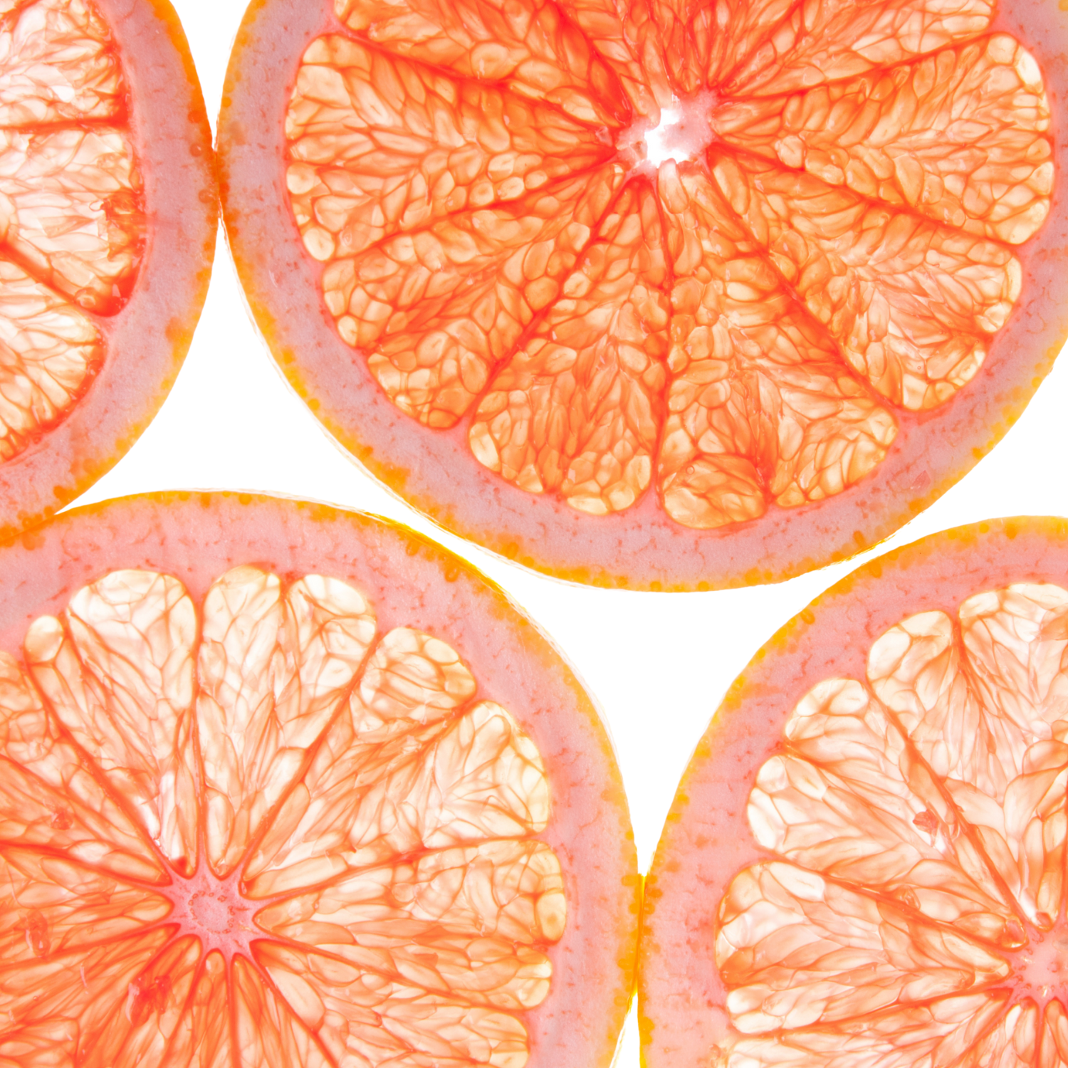 Close-up of sliced grapefruits with a white background