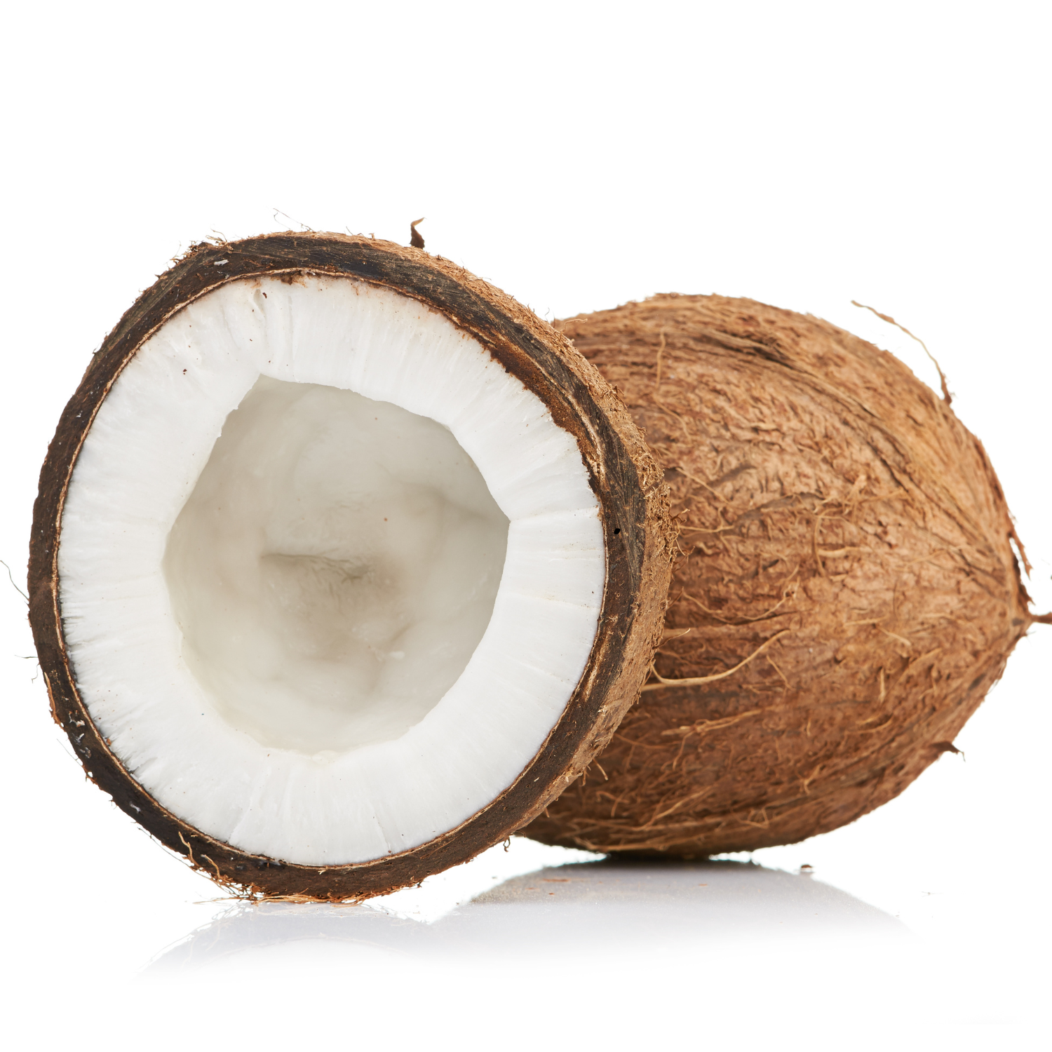 Coconut with one half cut open on a white background