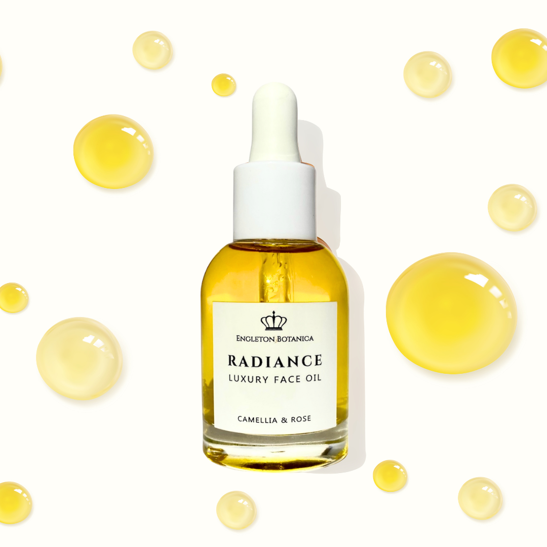 Radiance luxury face oil bottle with dropper on a white background with yellow droplets.